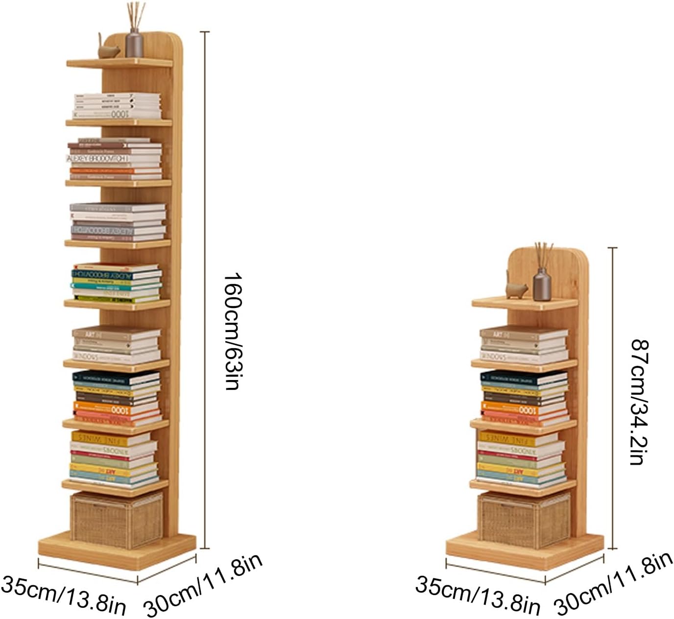 Modern Vertical Bookshelf Tower, Free Standing Bookcase Open Shelves, Simple Narrow Invisible Floor Wall Bookshelf for Small Spaces, Living Room, Bedroom, Office(Brown,87cm/34.2in)