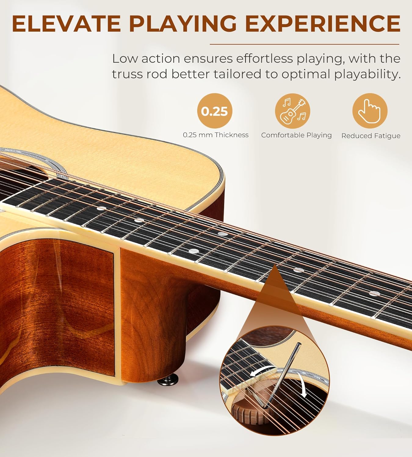 Vangoa 12 String Guitar, Acoustic Electric Guitar 12 Strings, Spruce Top, Sapele Body, Bone Nut, Natural, Gloss