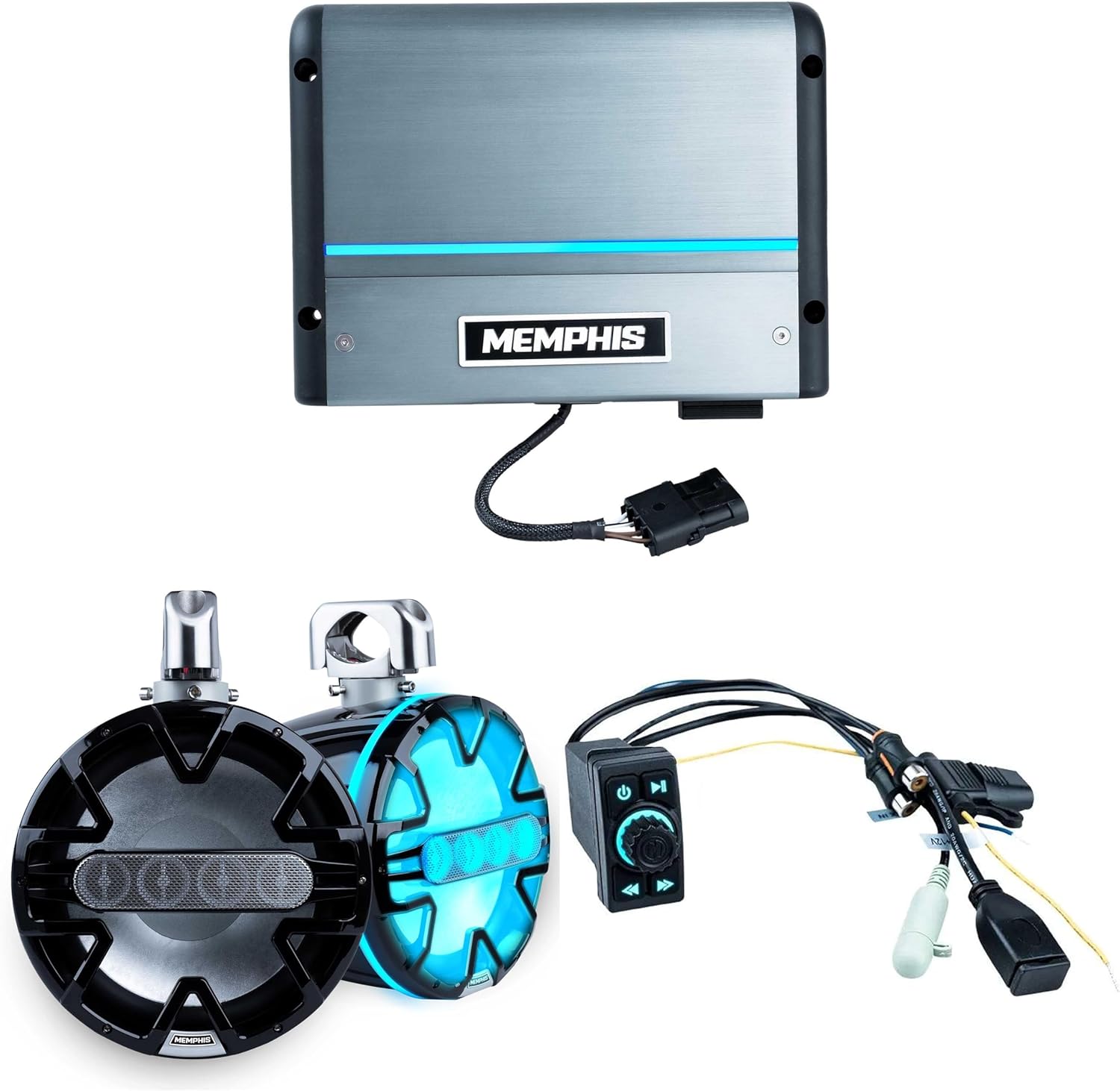 Memphis Audio SBT2 Rocket Switch Size BT Controller with MM600.2V 2-Channel Marine Amplifier and MM105TB 10