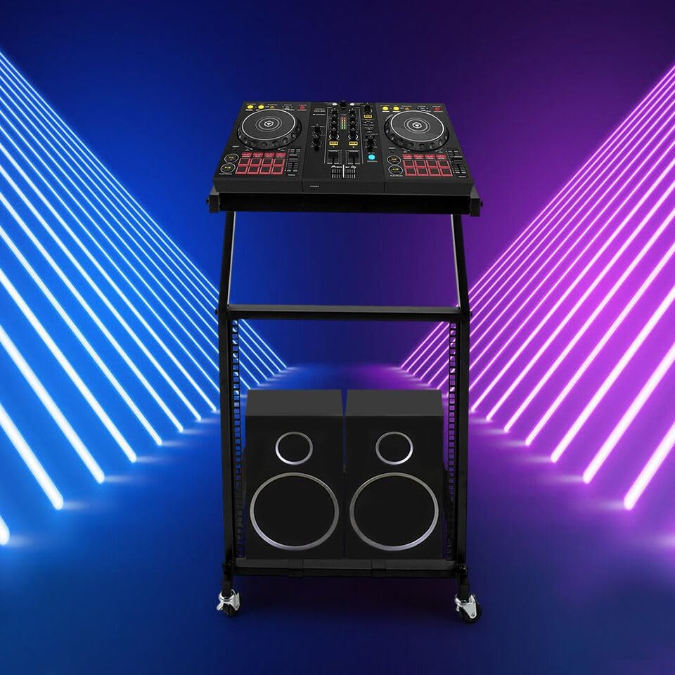 12U DJ Mixer Stand Stage Cart & Adjustable Rack Mount Studio Equipment DJ Rolling With Wheel,Pro Audio Recording Cabinet Perfect for Office Home Stage or Studio Music Show