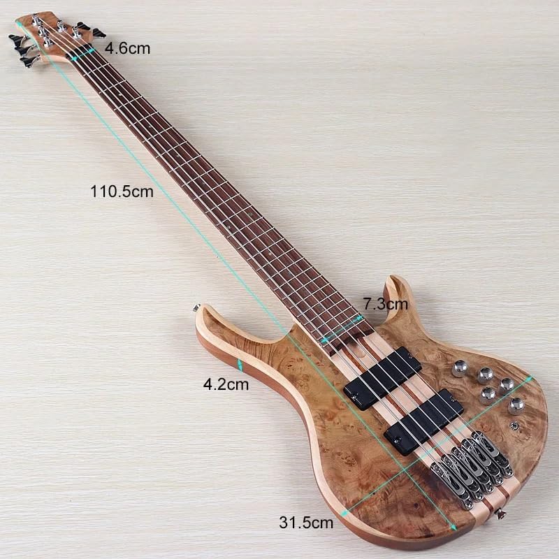 5-String Active Electric Bass Guitar, 43-Inch Full Size, Natural Matte Finish, Tree Burl Top,24-Fret