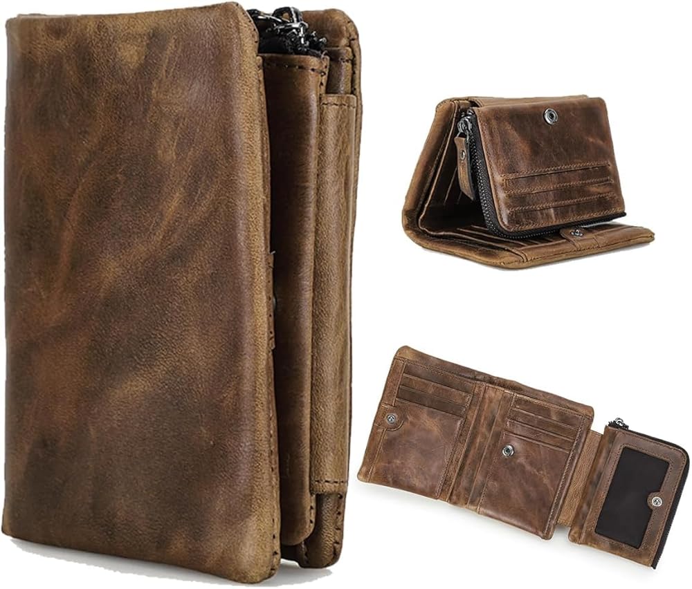Vintage Genuine Leather Travel Wallet for Men RFID Blocking Bifold with Zipper Pocket (Coffee)