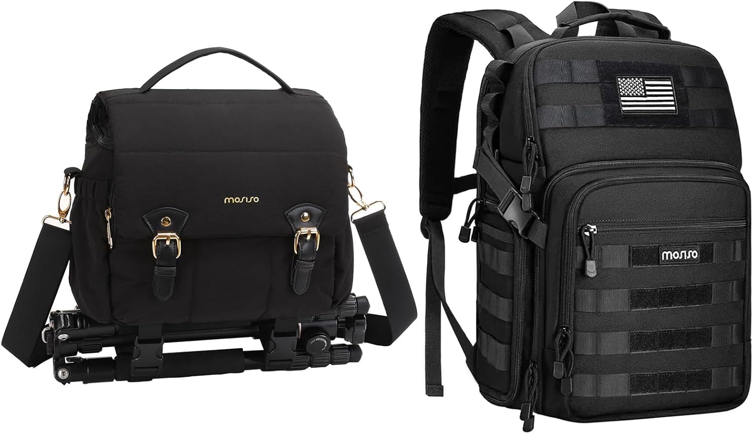 MOSISO Tactical Camera Backpack with Laptop Compartment, Small Camera Bag for Photographers, Puffy Camera Shoulder Bag, Padded Flap Crossbody Photography Handbag with Tripod Holder&Rain Cover, Black