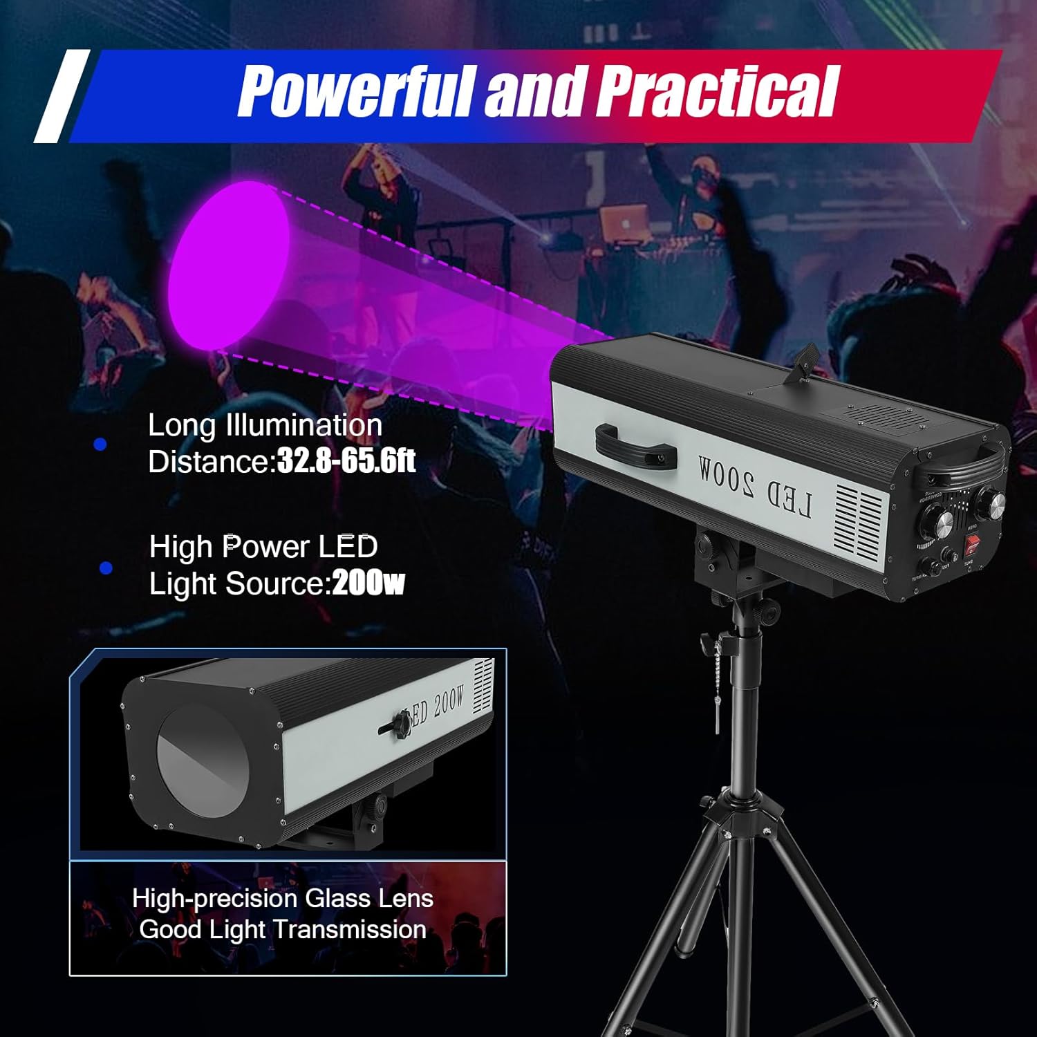 200W Manual Follow Spot Light, Stage Spotlight with Tripod Bracket LED Light Monotonic Focalization Follow Spotlight, Black DJ Lights Theater Spotlight for Outdoor Parties Bars Weddings