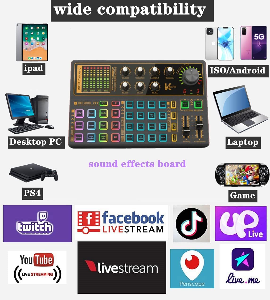 K300 Sound Effects Board Set, Voice Changer Sound Card with Multiple Sound Effects - Podcast Equipment Bundle for Live Streaming/Laptop Computer Vlog/Living Broadcast YouTube or TikTok