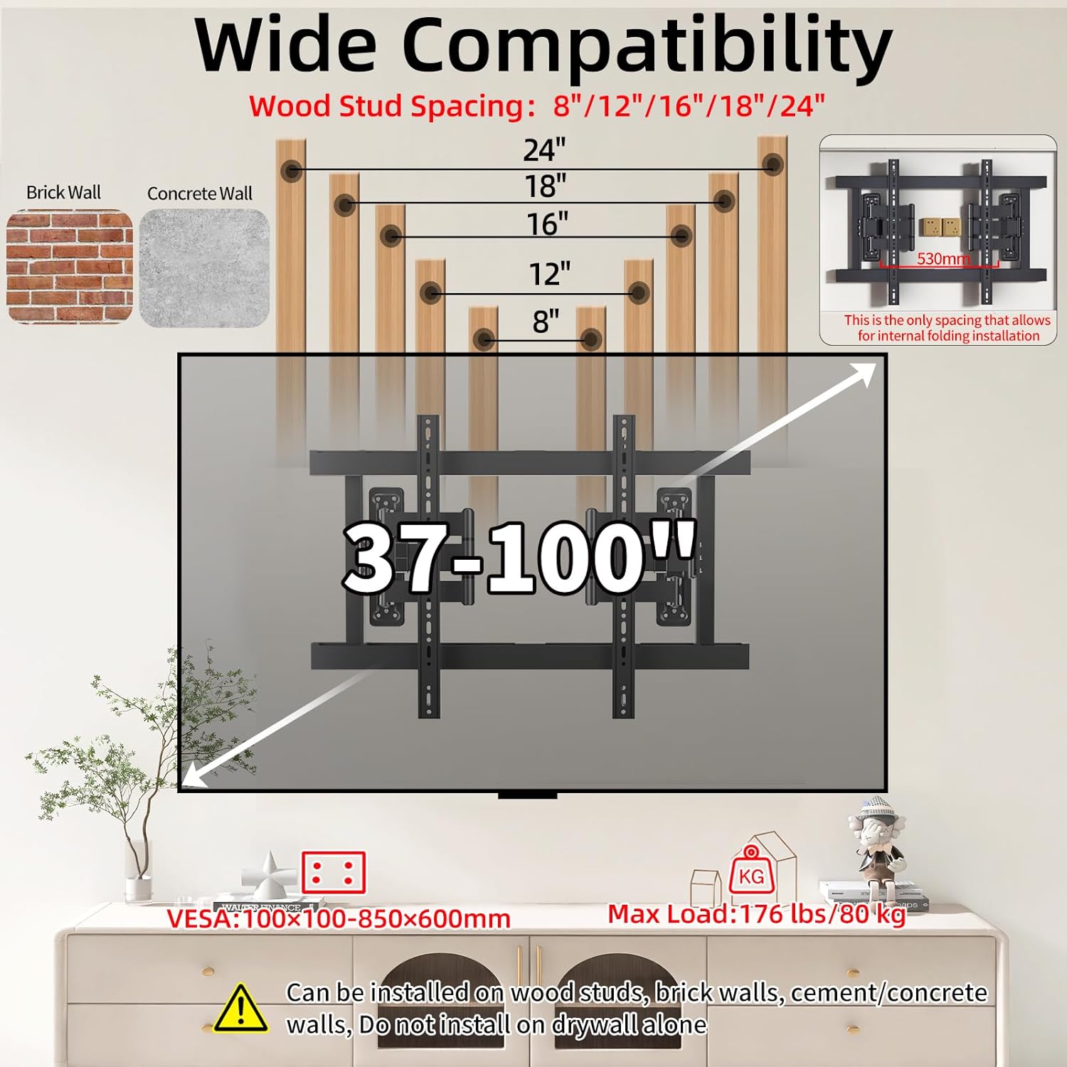 98 86 85 77 75 inch TV Wall Mount,Full Motion Corner TV Bracket for 37-100