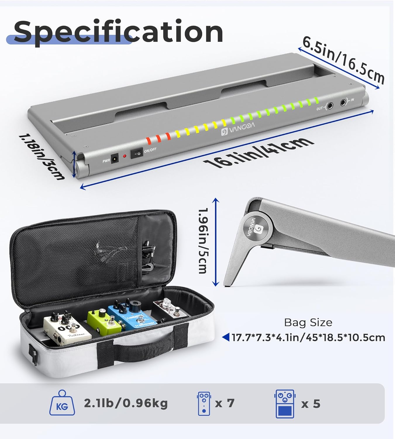 Vangoa Guitar Pedal Board with Built-in Isolated Power Supply, VPPD-S Aluminum Small Portable Folding Powered Guitar Pedalboard with Carry Bag, 2.8lb, Gray