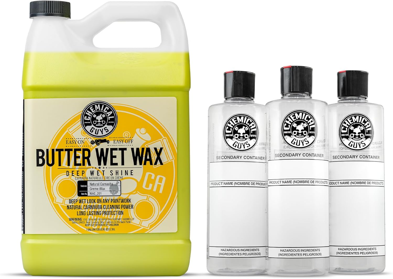 Chemical Guys WAC_201 Butter Wet Wax, Deep Wet Shine for Cars, Trucks, SUVs, RVs & More, 128 fl oz (1 Gallon) + ACC139 Secondary Container Dilution Bottle with Spout Cap, 16 oz, 3 Pack