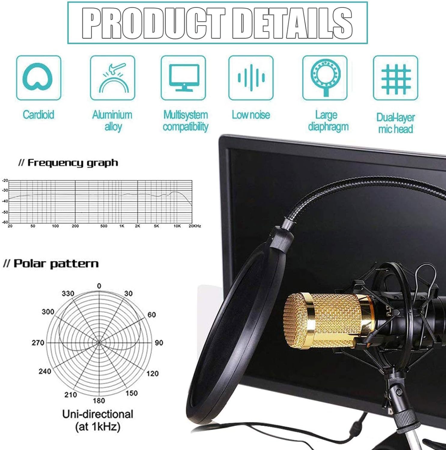 Condenser Microphone Kit with Live Sound Card with Adjustable Microphone Suspension Scissor Arm