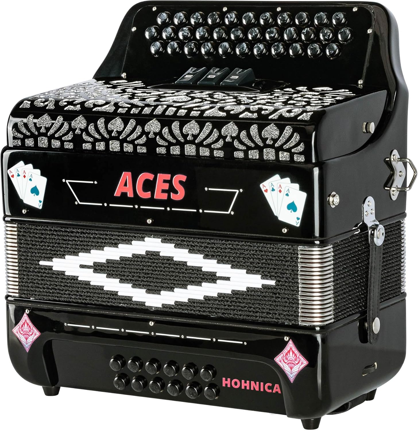 Hohner Hohnica Aces II 34-Button Accordion with 3 Registers - EAD Bundle with Gig Bag, Adjustable Straps, and Austin Bazaar Polishing Cloth