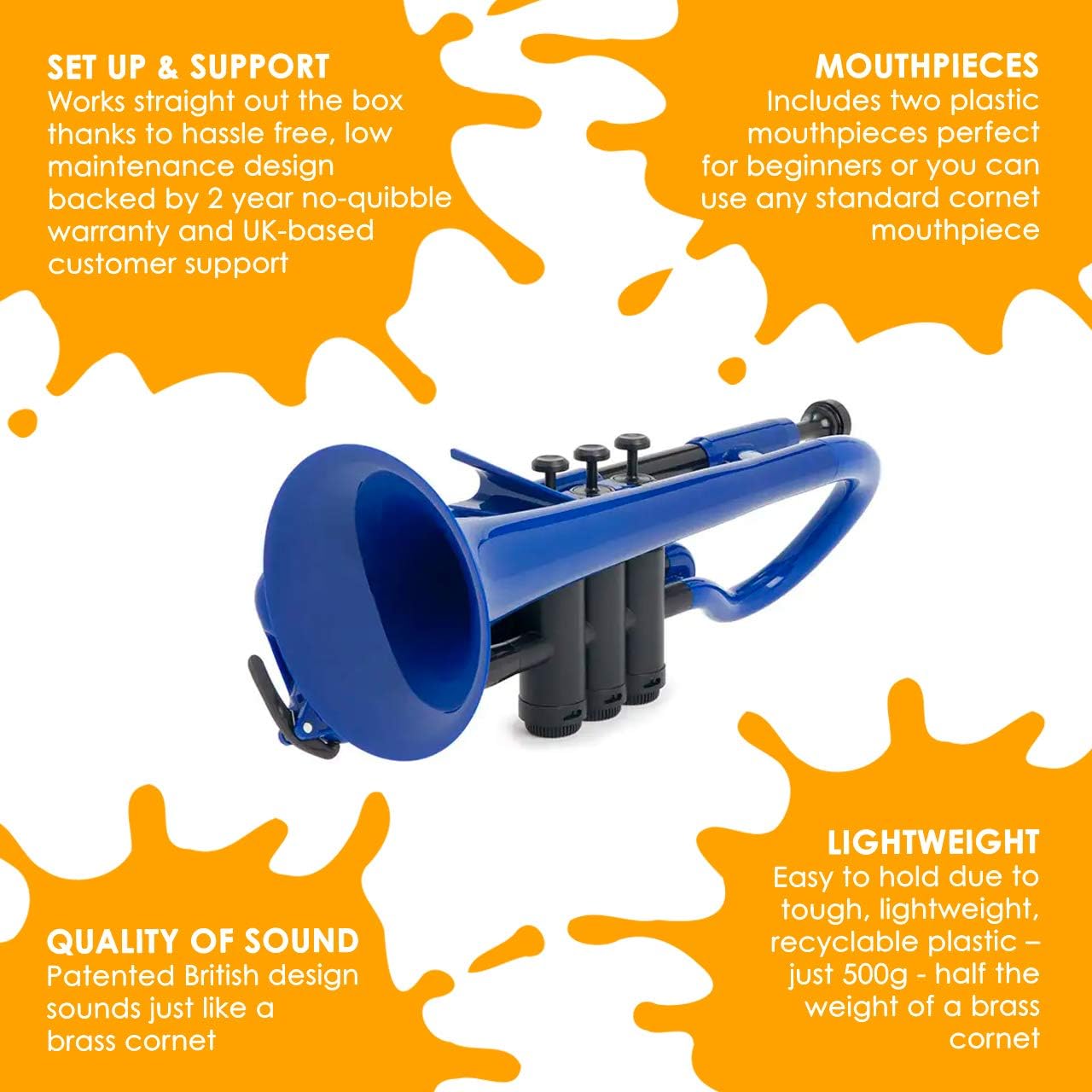 pInstrument pCornet Plastic Cornet - Mouthpieces and Carrying Bag - Lightweight, Versatile, Comfortable Ergonomic Grip - Bb Authentic Sound for Student & Beginner - Durable ABS Construction - Blue