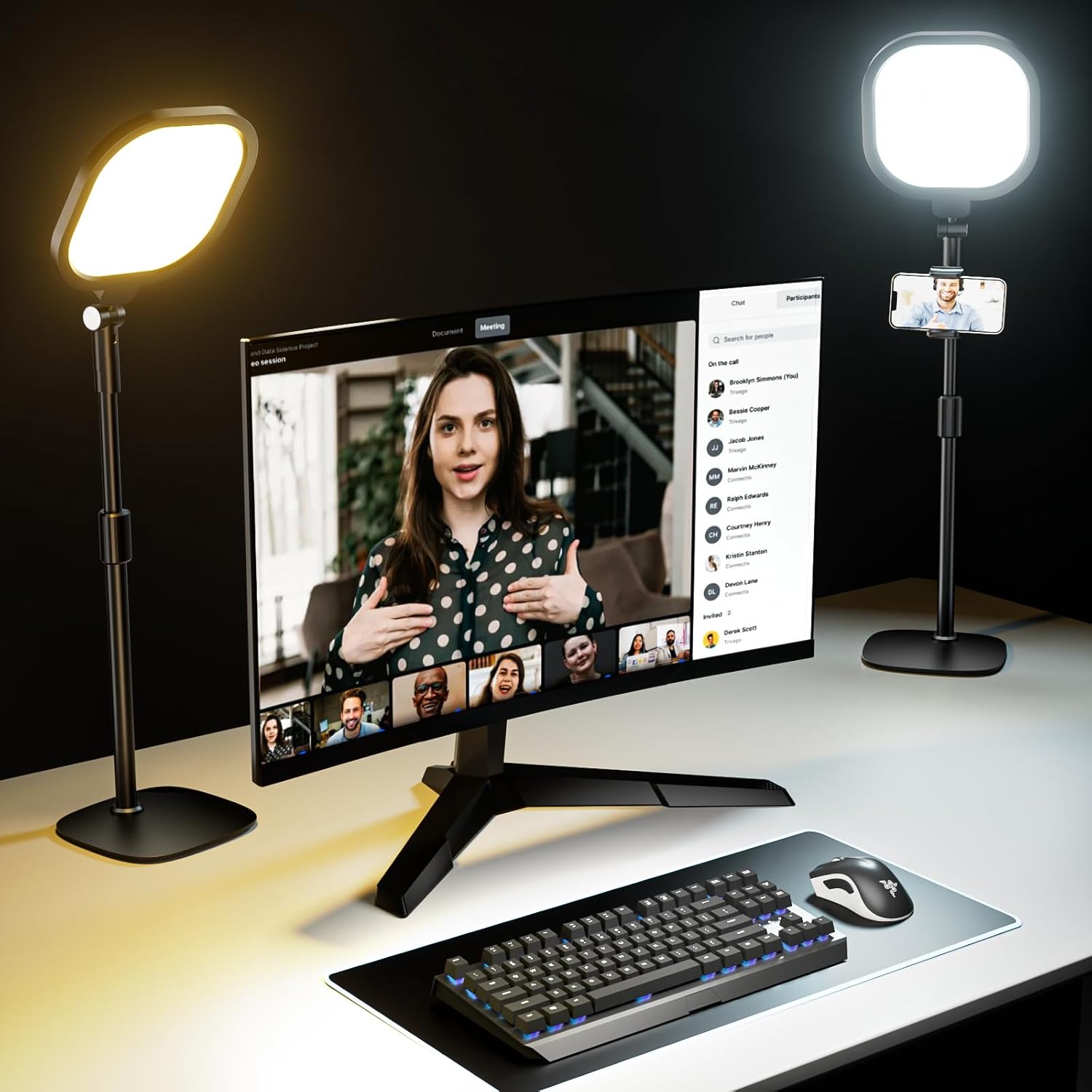 2 Packs Video Conference Lights for Zoom Meeting, LitONES Podcast Lighting Kit for Working from Home Office, Desktop Video Light with Stand and Phone Holder CRI 97.8