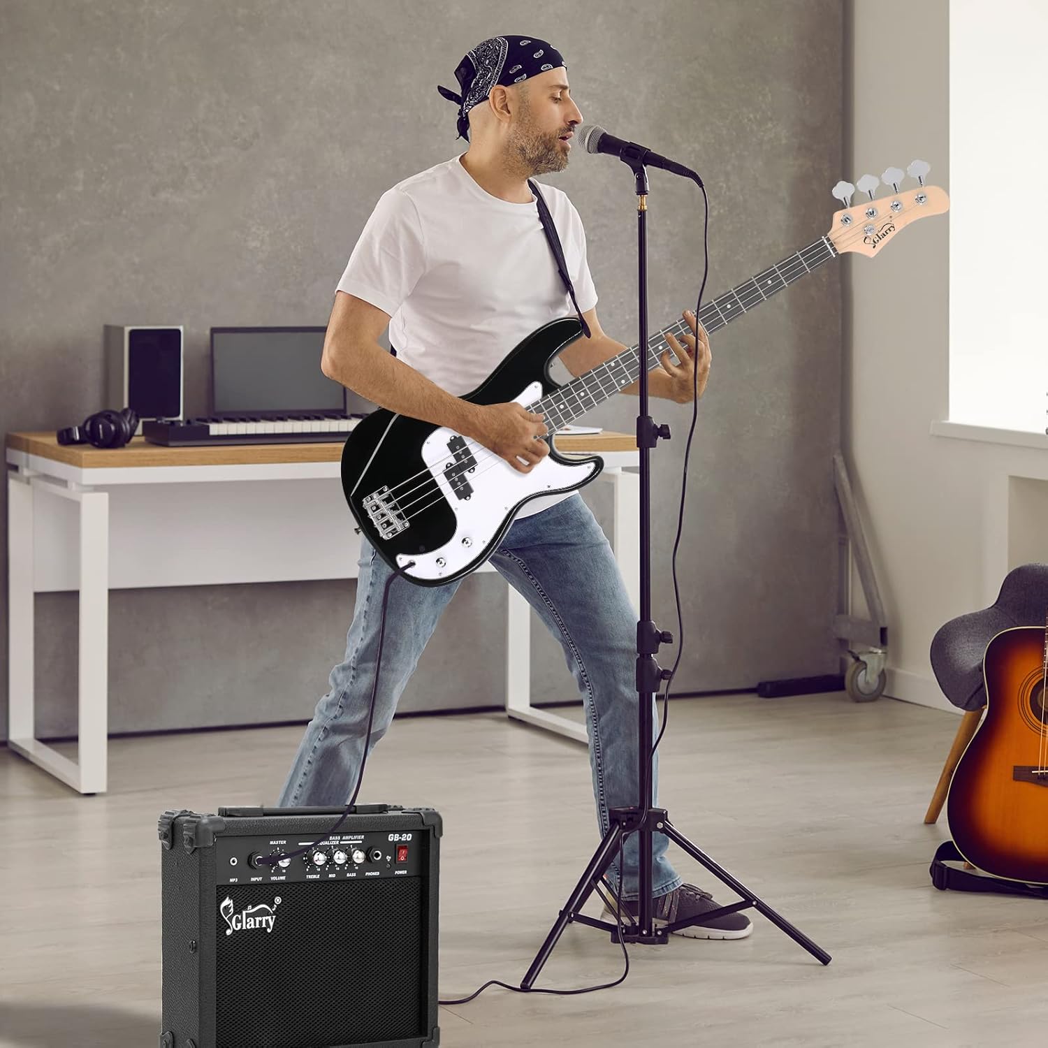 GLARRY Full Size Electric Bass Guitar Beginner Kit 4 String Exquisite Basswood Bass with 20W AMP, Cable, Strap, Bag and Accessories (Black, 39