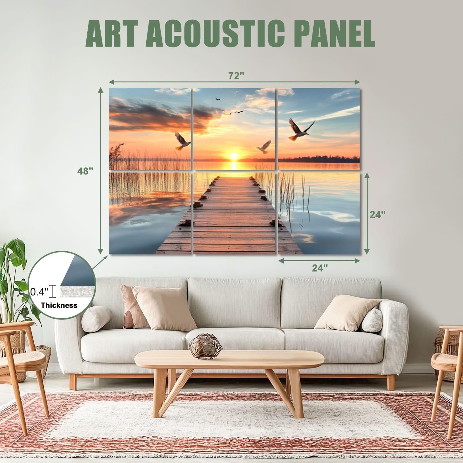 6 Pack Art Acoustic Panels Sound Absorbing Jetty Sunset Lake Nature Landscape Wooden Calm Water Sunset Sky Birds Decorative Soundproof Wall Panels Self Adhesive for Recording Studios Office 72