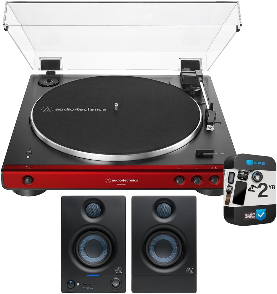 Audio-Technica AT-LP60XBT-RD Fully Automatic Belt-Drive Bluetooth Stereo Turntable, Red/Black Bundle with PreSonus Eris 3.5BT Powered Bluetooth Studio Monitors and 2 YR CPS Enhanced Protection Pack