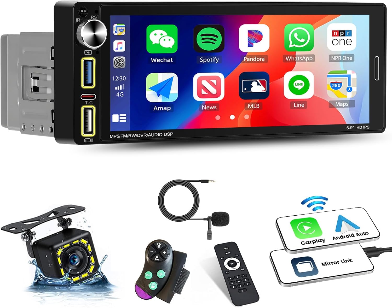 UNITOPSCI Single Din Wireless Carplay Android Auto Car Stereo, 6.9” IPS Touch Screen Car Audio Receiver with Bluetooth 5.2, Mirror Link, FM Radio, Dual USB/Type-C/EQ, Backup Camera/SWC