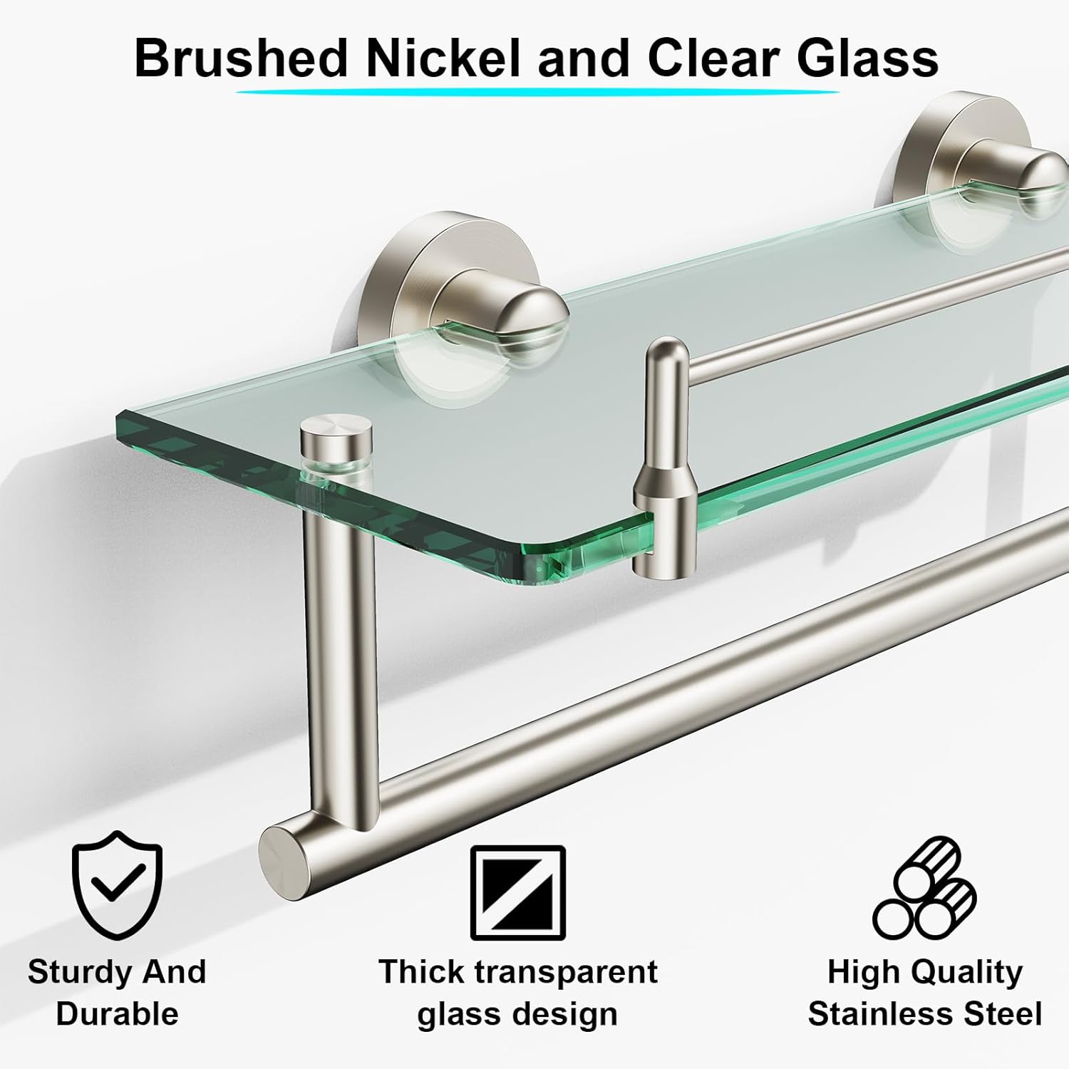 Glass Shelf for Bathroom 2 Pack,16-Inches Floating Glass Shelves Towel Bar/Track(Brushed Nickel)