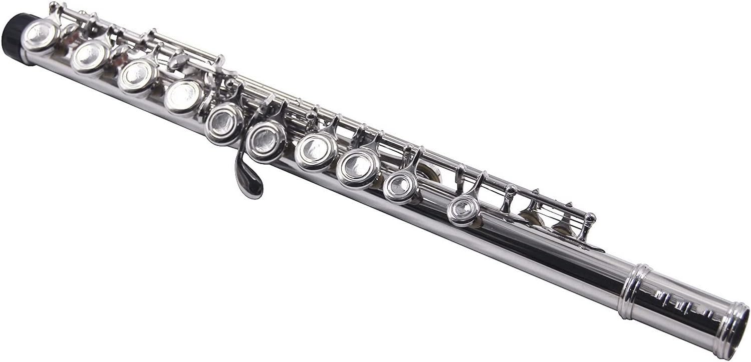 Flute Kit Closed Hole C Flute 16 Keys Cupronickel Nickel-Plated Wind Instrument with Carry Case Cleaning Cloth Gloves Intermediate Flute