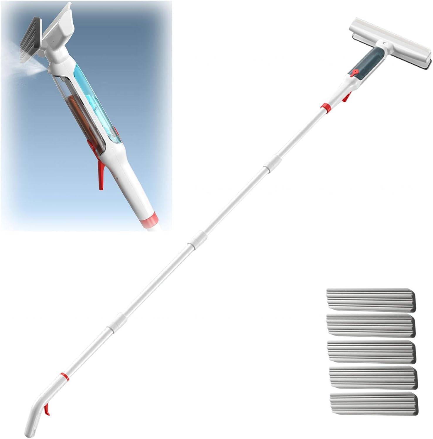 75'' Spray Squeegee for Window Cleaning with 4-Section Extension Pole, 4 in 1 Window Squeegee Window Washing Squeegee with Sewage Collector and 5 Pads