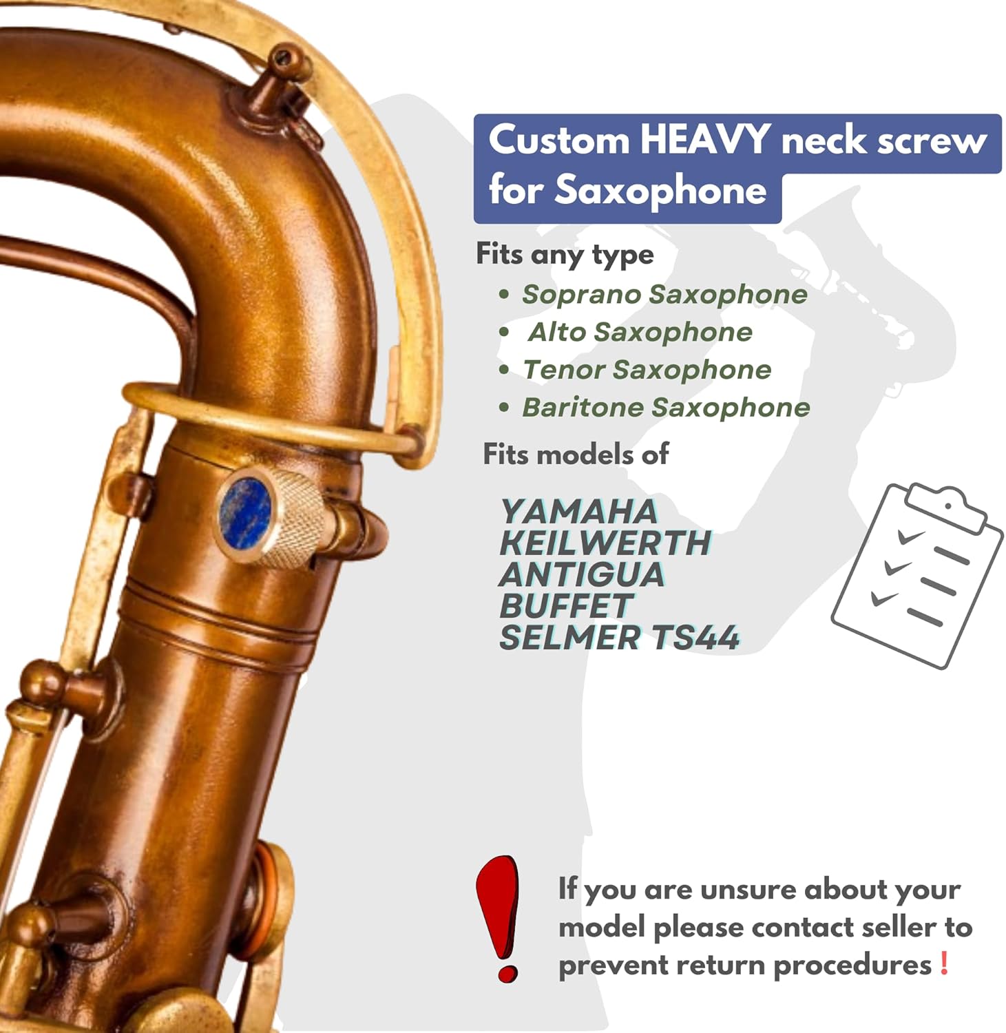 saxophone Neck Screws 135 Heavy by KGUMusic for alto, tenor, soprano, baritone sax for YMH, Keilwerth, Antigua, Buffet, Selmer TS44 (998 Silver Plated, Turquoise)