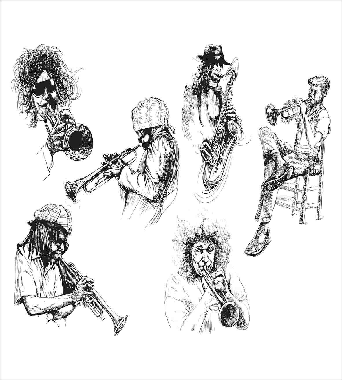 Ambesonne Music Duvet Cover Set, Sketch Image Jazz Players Playing Instruments Trumpet Saxophone Music Theme, Decorative 3 Piece Bedding Set with 2 Pillow Shams, King Size, Charcoal Grey White