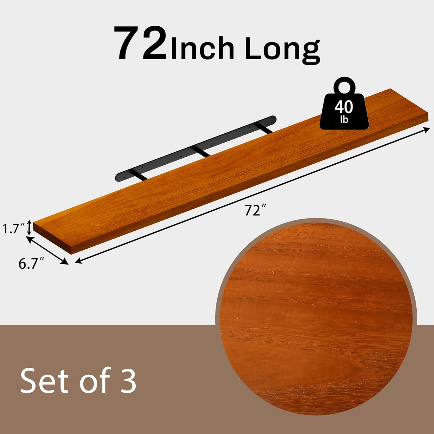 Floating Shelves for Wall, 72 Inch Extra Long Brown Wall Shelves, Set of 3, Hanging Invisible Brackets Floating Shelves for Living Room,Bedroom,and Kitchen