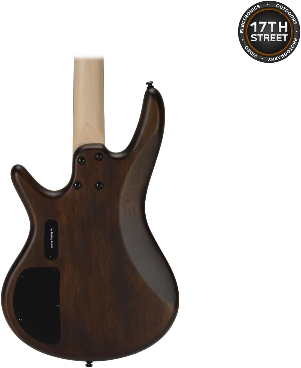 Ibanez GSR200B 4-String Bass Guitar (Walnut Flat) - Right Handed Nyatoh Body Bass with GSF50 Powerpad Strap, 15 Pack Guitar Picks with Storage Box & Microfiber Cleaning Cloth (Bundle Set)