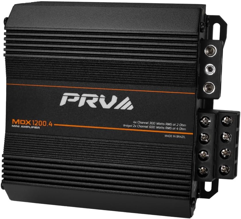 PRV Audio MDX1200.4 2 Ohm Mini 4 Channel Car Audio Amplifier 4 x 300 Watts RMS at 2 Ohm - 1200 Watt 12 Volts Bridgeable Amp for Powersports, Motorcycles, ATV, for High Power Stereo Speaker Systems