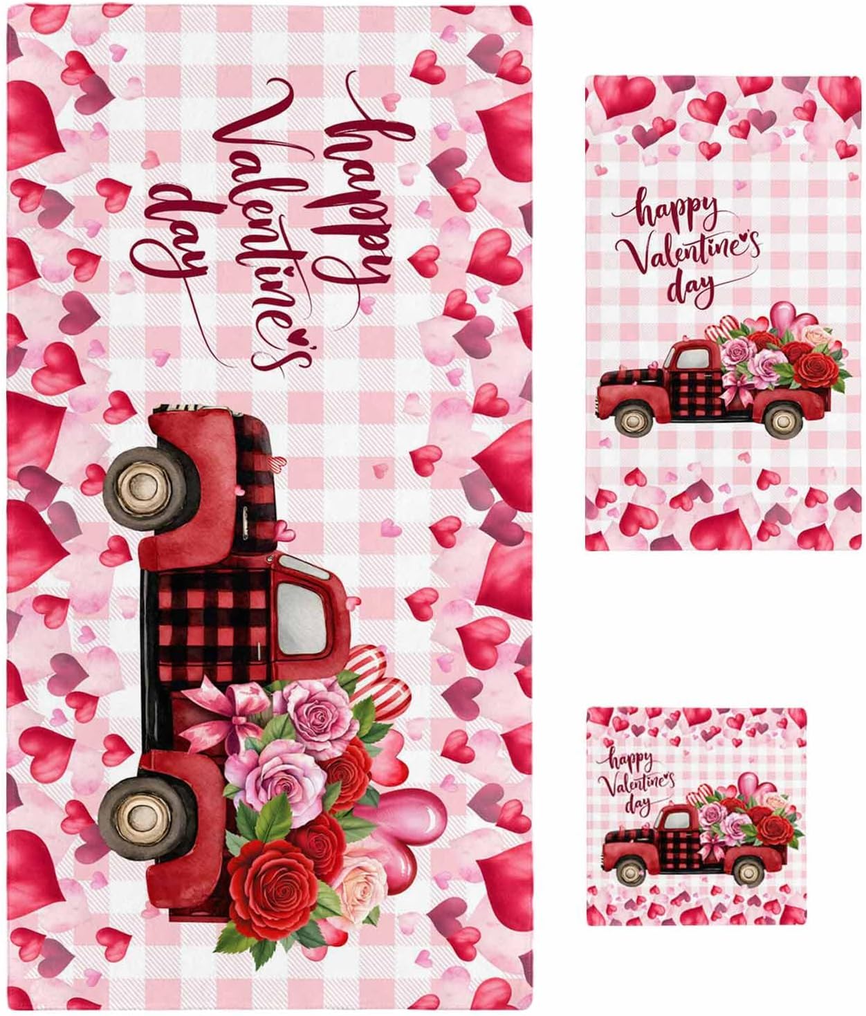 Valentine's Day Bath Towels Set of 3 for Bathroom,Soft Absorbent Shower Beach Hand Face Hair Yoga Workout Gym Towel Dish Wahcloth,Roses Car Love Hearts Romantic Pink Plaid Quick Dry Bath Towels+Set