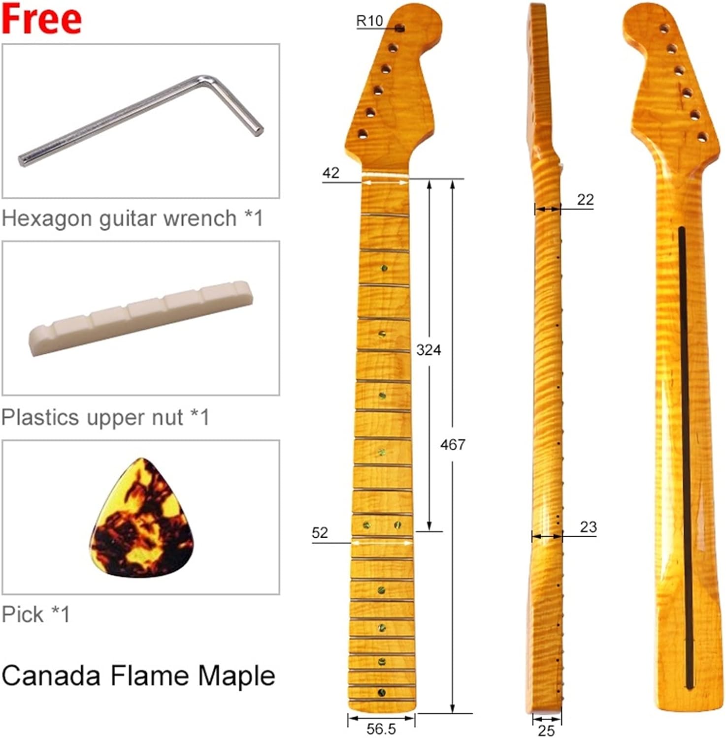 Guitar Neck Canadian Flame Maple Wood Electric Guitar Neck 21F 22F Neck for Electric Guitar Guitar ​Neck Replacement (Color : 9)
