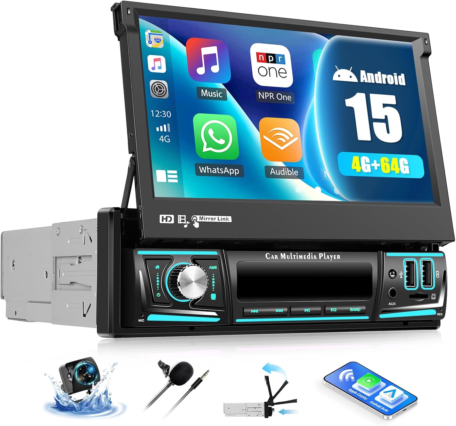 [4+64G] Android 15 Single Din Touchscreen with Wireless Carplay&Android Auto,7'' Flip Out Car Radio with WiFi GPS Mirror Link Bluetooth FM/RDS Radio DSP EQ SWC+AHD Backup Camera