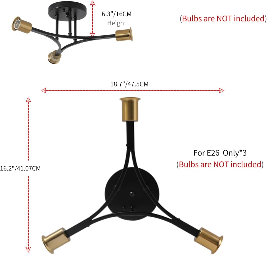 3-Lights Modern Sputnik Semi Flush Mount Ceiling Light Fixture Black and Gold,Mid Centur Sputnik Chandelier for Entryway,Hallway,Bedroom,Kitchen,Dining Room,Living Room(Bulbs Not Included)