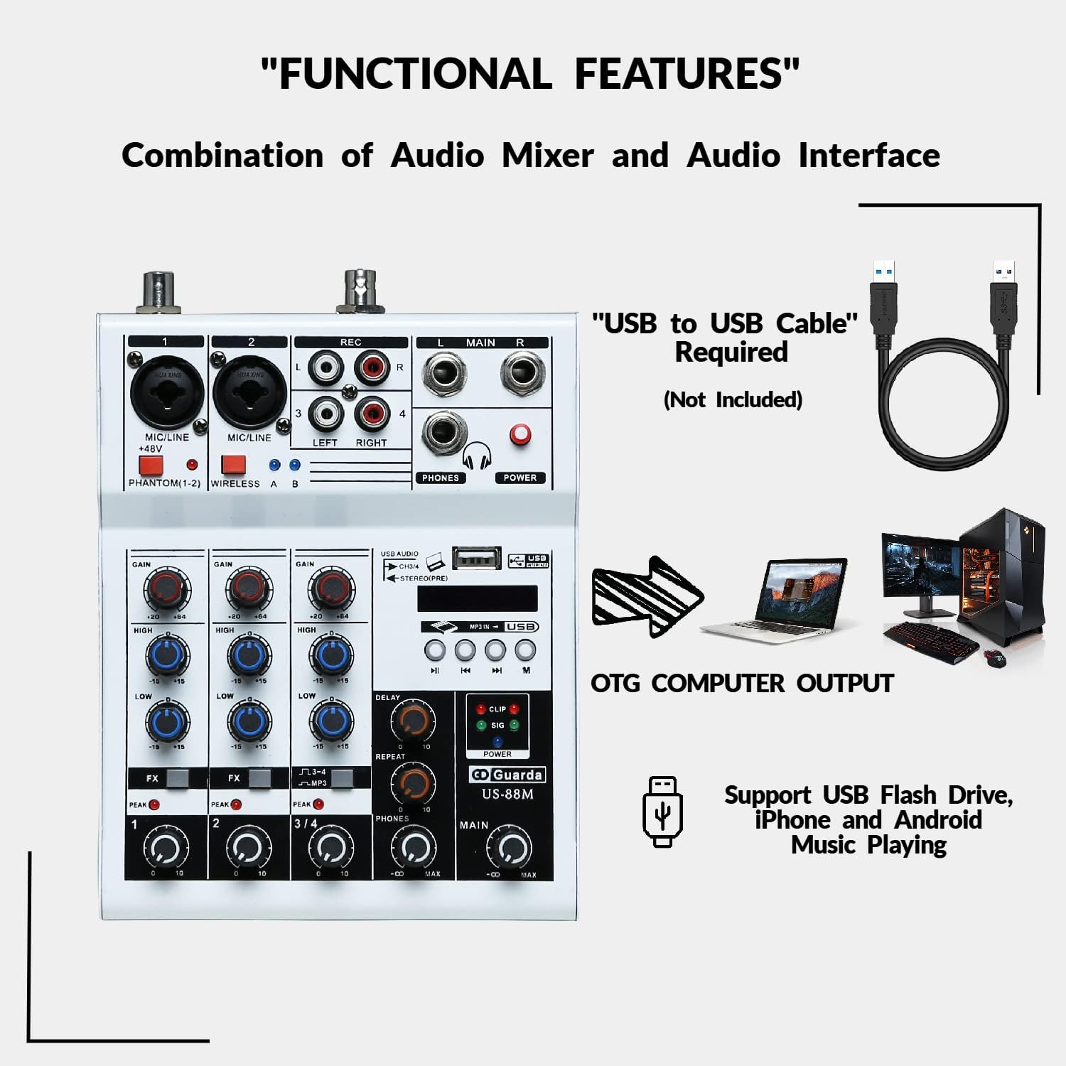 Professional Audio Mixer with Dual Wireless Microphone system set, 4-Channel Mixer, for karaoke, Singing, Amplifier, DJ Mixer, podcast interface, live, MP3, USB sound mixing console (GD Guarda US-88M)