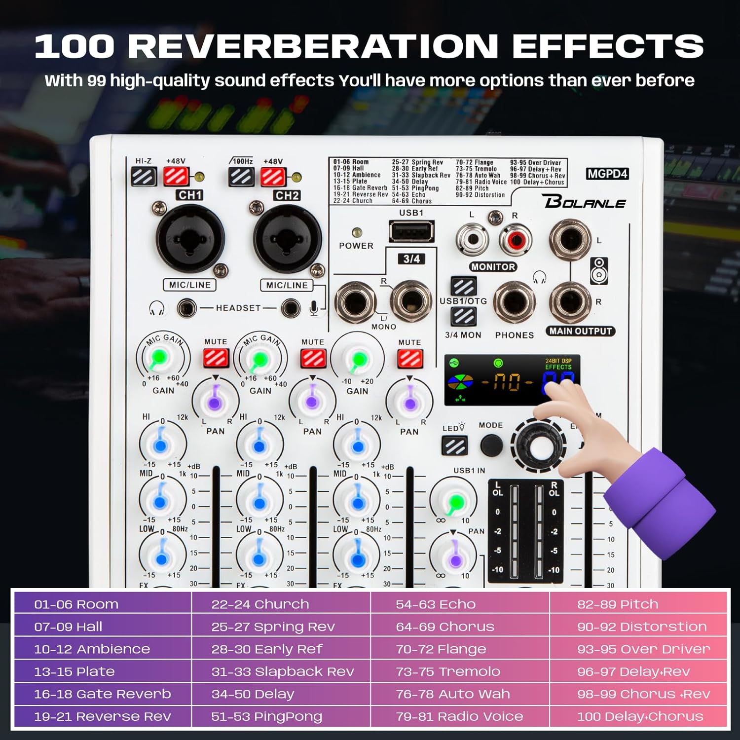 Bolanle 4-channel Mixer Professional Audio Mixer with Built-in Sound Card and Recording Function, USB Audio Interface/Bluetooth, Suitable for Podcasting, Karaoke, Studio