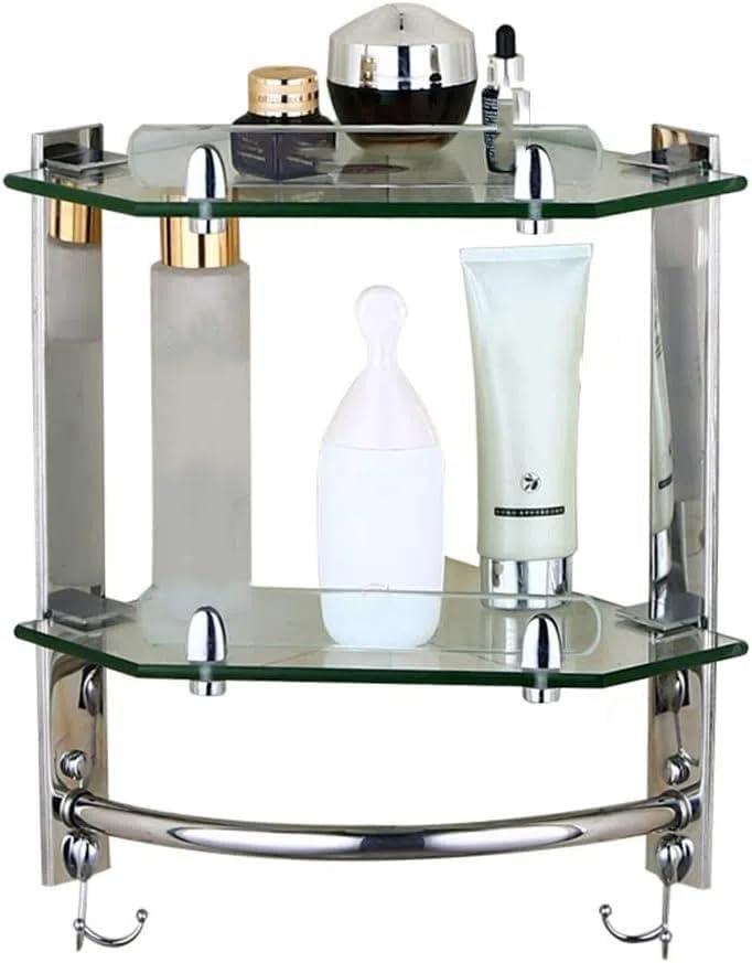 Glass Corner Shelf Bathroom Storage Rack with Towel Holder Bar Stainless Steel Wall Mount Shower Caddy Basket(B)