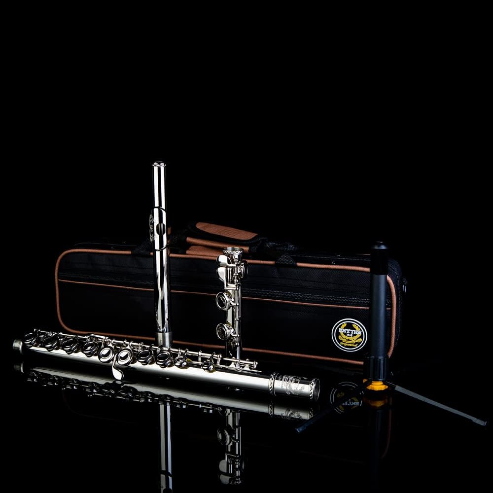 Rhythm C Flutes with Engraved Flower Closed Hole 16 Keys Flute For Student, Beginner with Stand, Carrying Case,Gloves,Joint Grease, Tuning Rod, Nickel