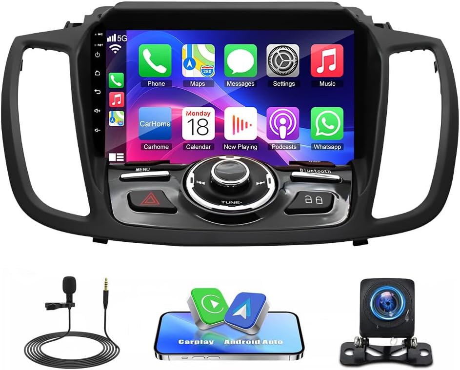 Car Stereo Radio Compatible for Ford Escape 2013-2019 with Carplay Android Auto GPS Navigation 9in Touchscreen Car Radio Player with Bluetooth WiFi FM/RDS SWC Mirror Link Split Screen + Backup Camera