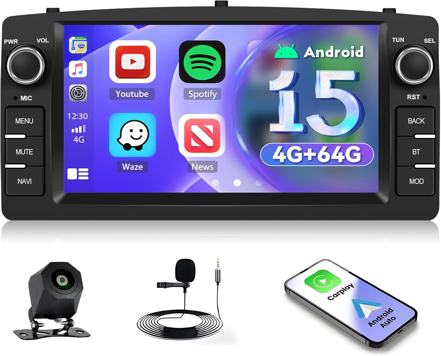 [4+64GB] Android 15 Car Radio for Toyota Corolla E120 E130 2000-2006 with Wireless CarPlay Android Auto, 7 Inch HD Touchscreen Car Stereo with GPS WiFi Bluetooth FM/RDS EQ SWC