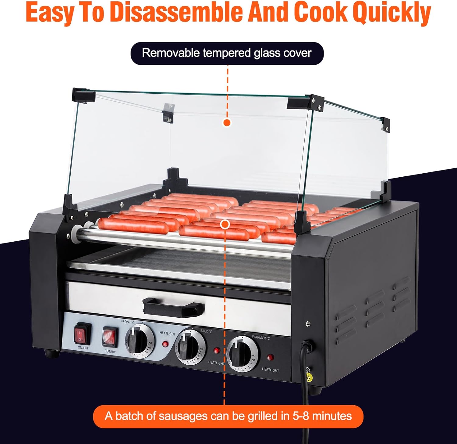 Hot Dog Roller, Electric 24 Hot Dog Capacity 9 Roller, 1650W Sausage Grill Cooker Machine w/Bun Warmer Shelf, Dual Temp Control, Removable Oil Drip Tray, Cover, Stainless, Commercial Grade