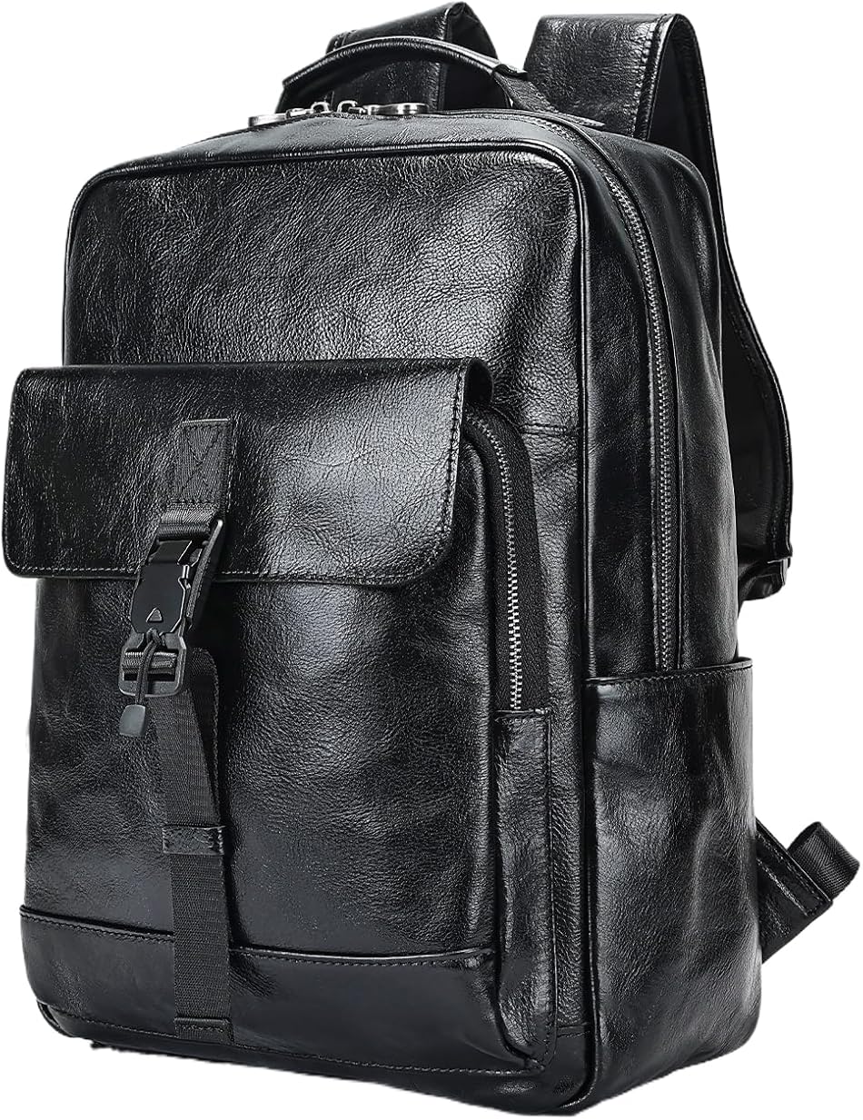 Mens Genuine Leather Backpack Laptop Bag Casual Daypack Travel Luggage Computer Carrying Case Gift Box (Black)