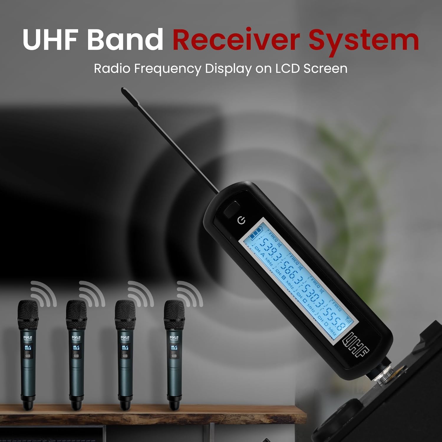 Pyle 4 Channel Wireless Microphone System, Portable UHF Band Receiver System, Independent Channel Controls, RF Signal LCD Indicator, Digital Audio Microphone Set with 4 Handheld Microphones (Green)