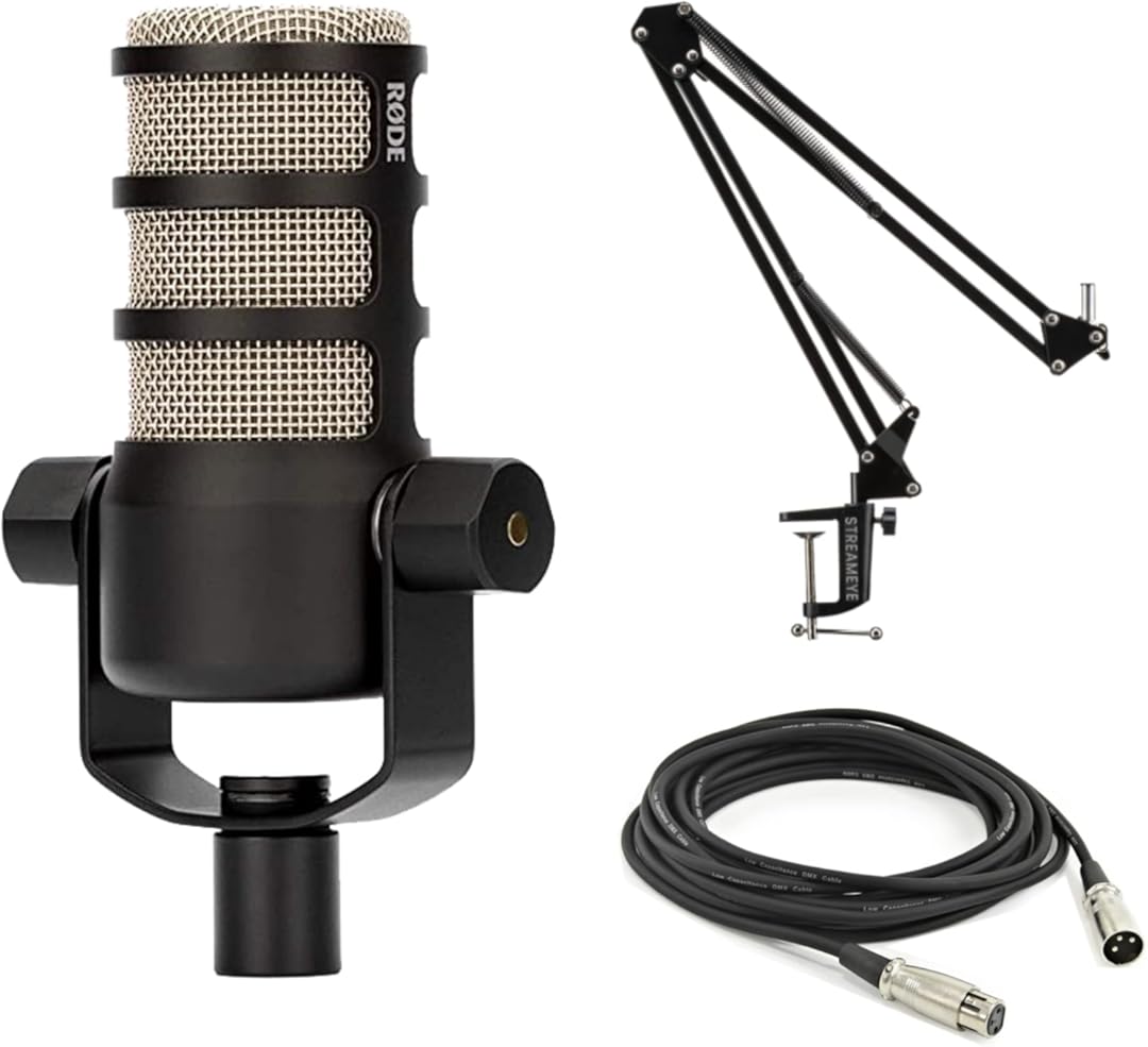 Rode PodMic Dynamic Podcast Microphone with StreamEye BOOMARM Mic Arm, XLR Cable and StreamEye Polishing Cloth