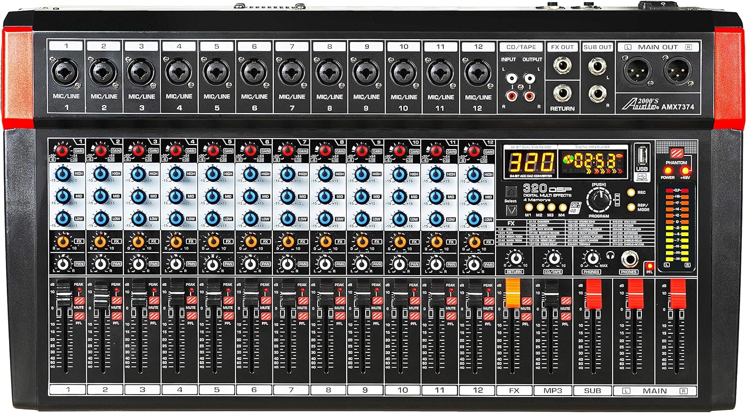 Audio2000'S AMX7374 12-Channel Audio Mixer with 320 DSP Sound Effects, Stereo Sub Out with Sub-Out Level-Control Fader, Level-Control Faders on All Channels, and USB/Computer Interface