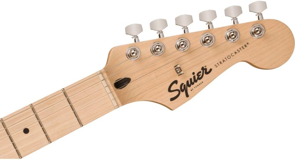 Squire Sonic Stratocaster Electric Guitar, Tahitian Coral, Maple Fingerboard, White Pickguard Bundle with Fender Logo Guitar Strap Black, Fender 12-Pack Celluloid Picks, and Gator Guitar Stand