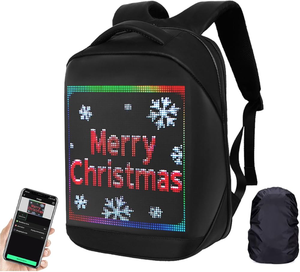 Welaso Smart Bluetooth LED Backpack with Colorful LED Sign Panel and Programmable, DIY Laptop Daypack Bag,Black (Medium 21L,with Rain Cover)