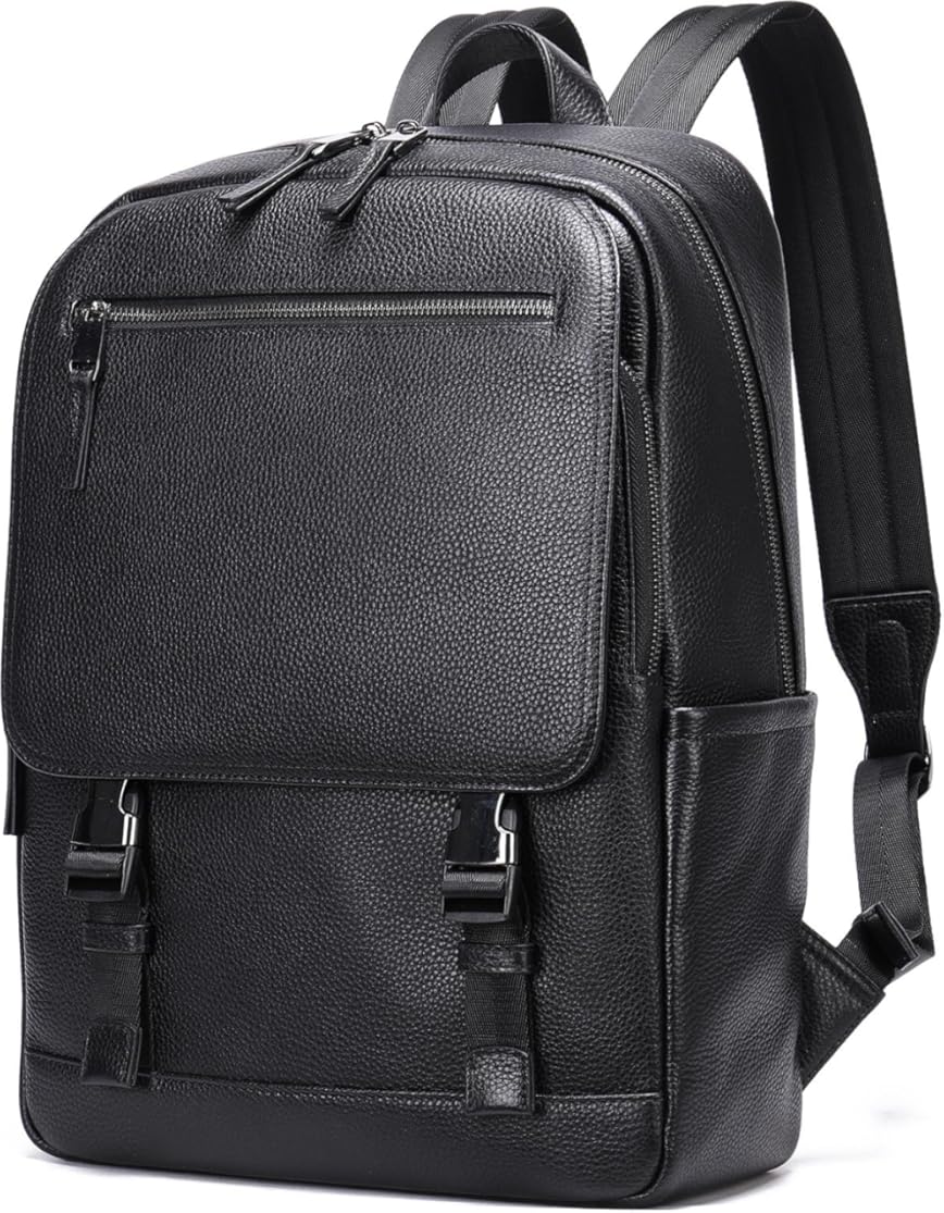 Genuine Leather Backpack for Men Waterproof Vintage Flap Design Travel Knapsack Casual Laptop Bookbag Gift Box (6520-Black)