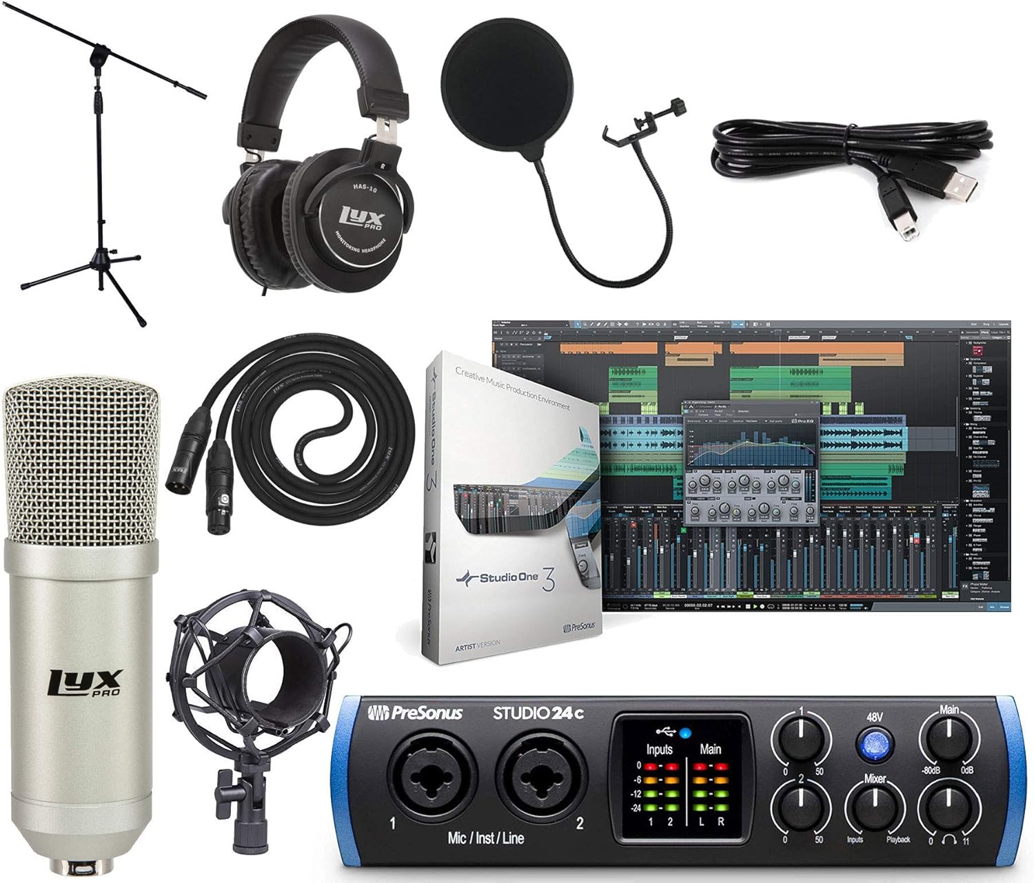 PreSonus Studio 24c 2×2 USB-C Audio/MIDI Interface + Studio One Artist DAW + Cardioid Condenser Microphone Kit with XLR Cable Shockmount Pop Filter Mic Stand and Headphones Bundle