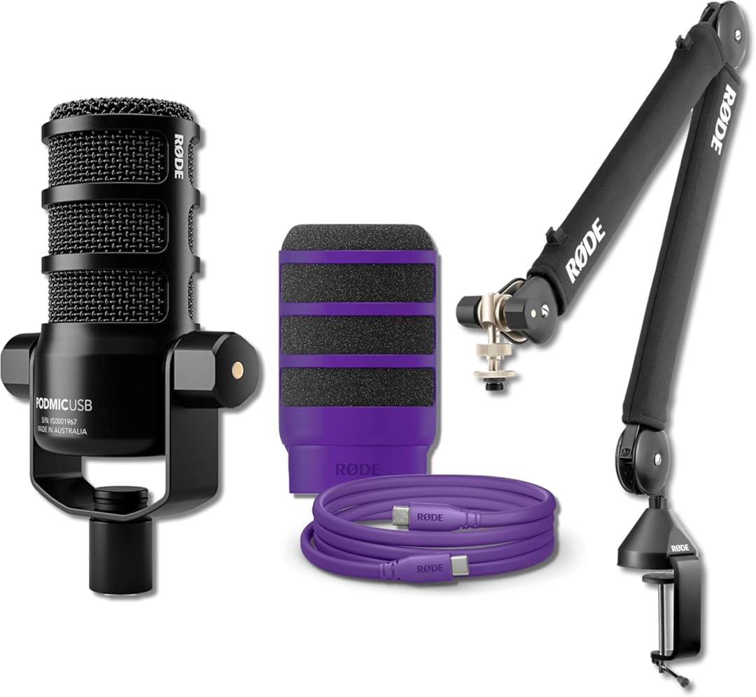 Rode PodMic USB Dynamic Broadcast Microphone with Rode PSA1+ Broadcast Microphone Boom Arm, XLR Cable, Purple SC27 USB-C to USB-C Cable and Purple WS14 Pop Filter