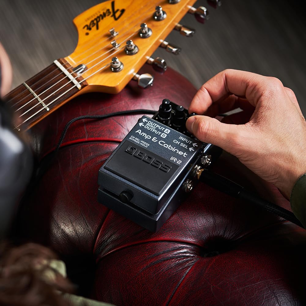 Boss IR-2 Amp & Cabinet Emulator Bundle with 2 Right Angle Patch Cables, 12 Guitar Picks, 9V Power Adaptor & Polishing Cloth – 11 Amp Types, Celestion Cab IRs & USB-C Recording