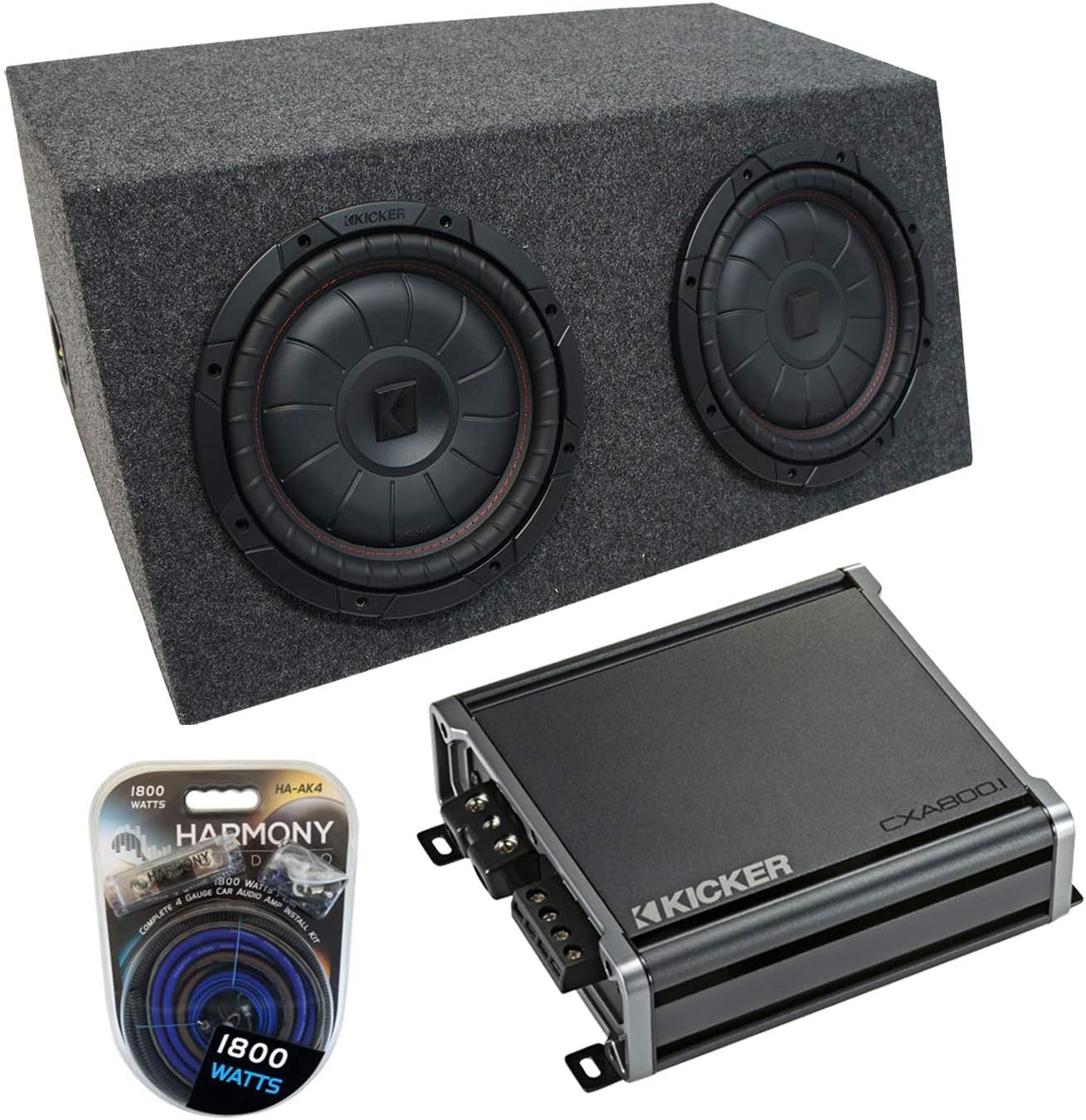 Harmony Audio HA-AK4 Universal Car Stereo Complete 4 Gauge 1800W Amp Install Kit, 43CVT104 10-inch CompVT CVT10 350W RMS 4-Ohm SVC Sub and 46CXA8001 Class D Mono 1600W Peak Sub Amplifier